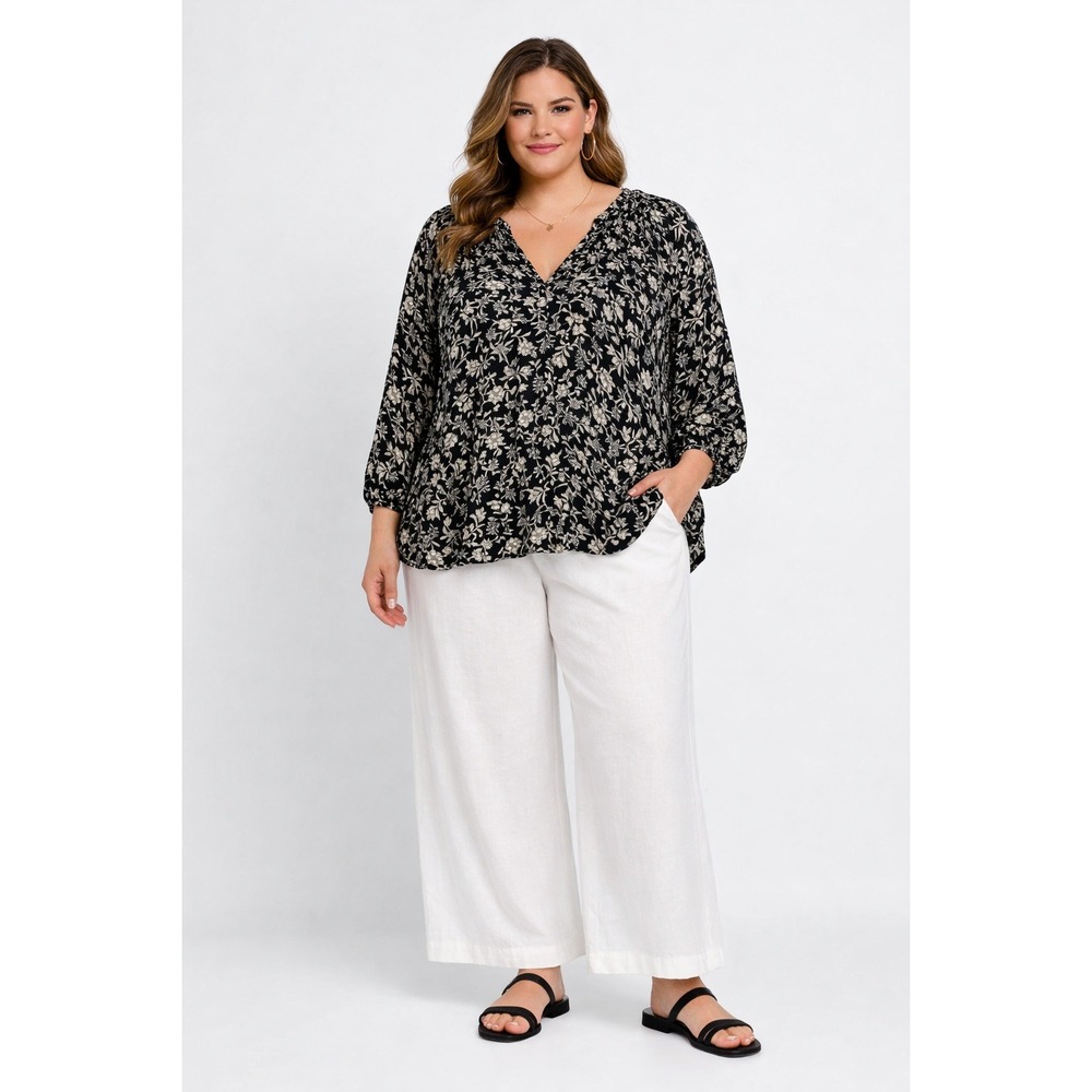 Old Navy Floral V-Neck Blouse Womens 3X Black Long Sleeve Viscose Peasant Top